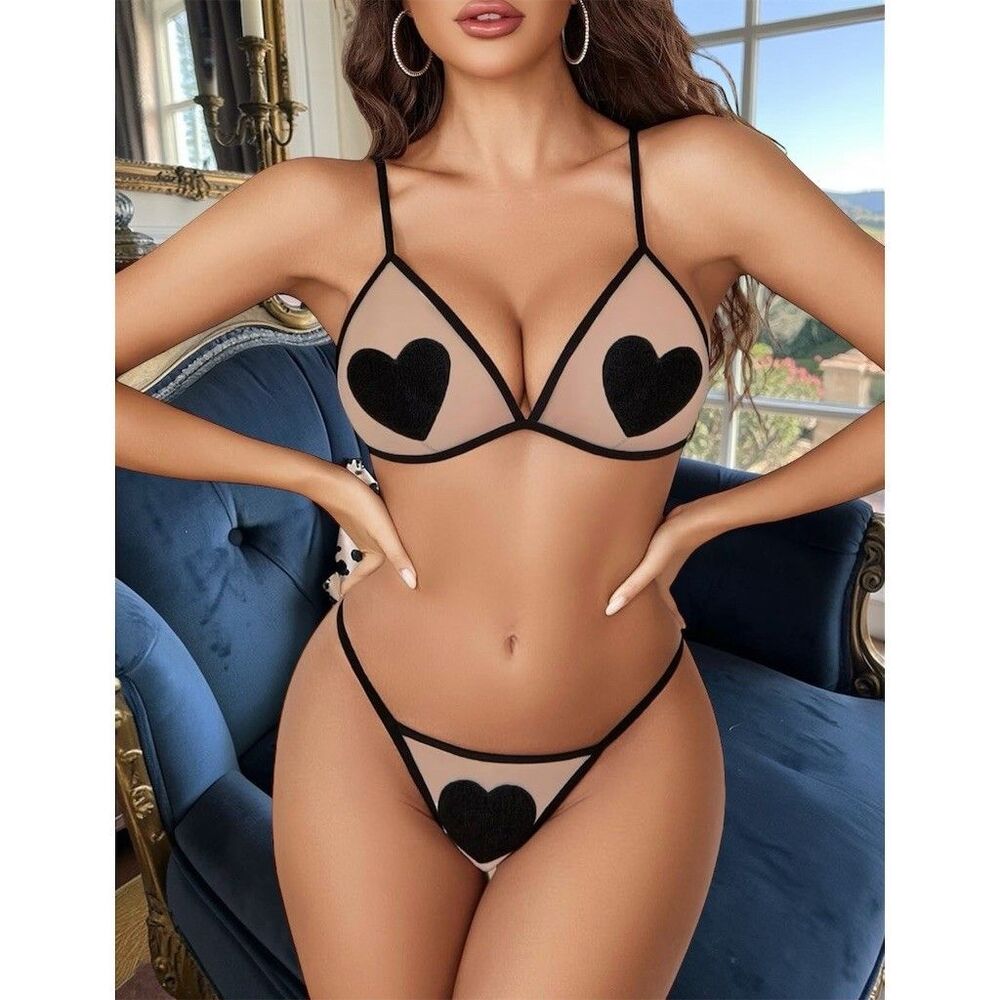 Avidlove Bra & Panty Set Womens Size L Black Sheer Mesh Heart Applique Bralette